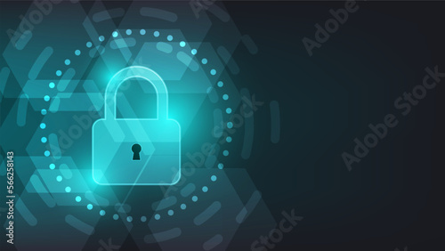 digital padlock with virtual screen on dark background. cyber security technology for fraud prevention and privacy data network protection concept