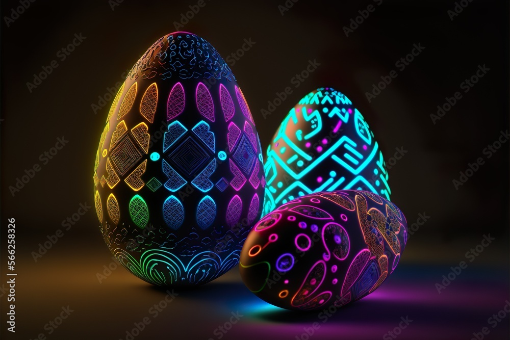 Beautiful Easter Eggs with Digital Design and Neon Lights on a Dark Background. Digital Art Illustration. Beautiful Easter Eggs with Digital Design and Neon Lights on a Dark Background. Digital Art Illustration.