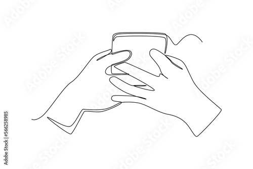 Single one line drawing hands holding smartphone. Social media concept. Continuous line draw design graphic vector illustration.