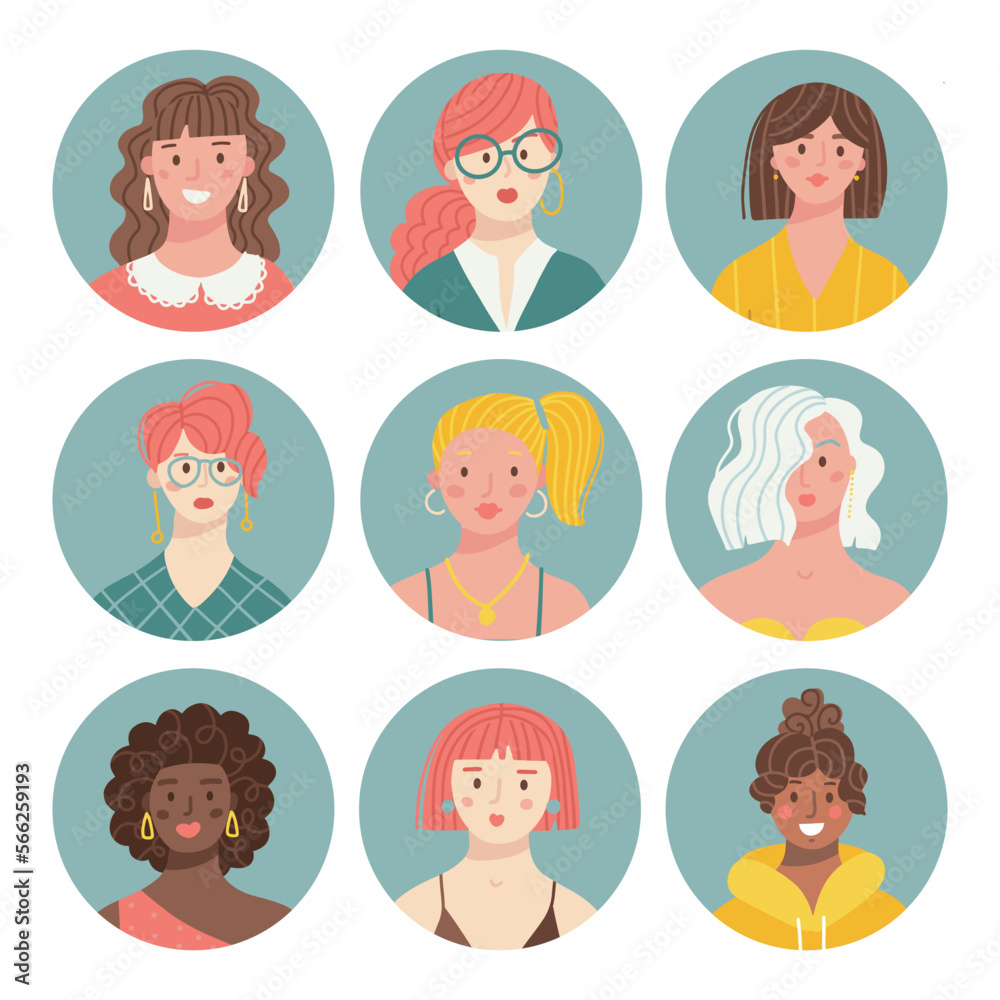 Set of different female people avatars. Collection of colorful user portraits in circles. Women characters faces. Vector illustration in flat cartoon style Set of different female people avatars. Collection of colorful user portraits in circles. Women characters faces. Vector illustration in flat cartoon style