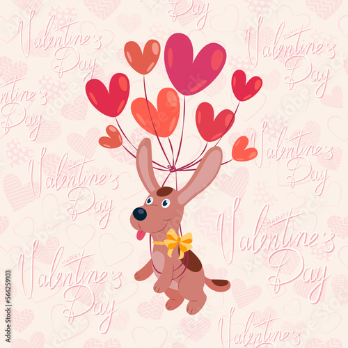 Puppy as a gift. A cute dog flies on balloons. Vector illustration for Valentine's Day