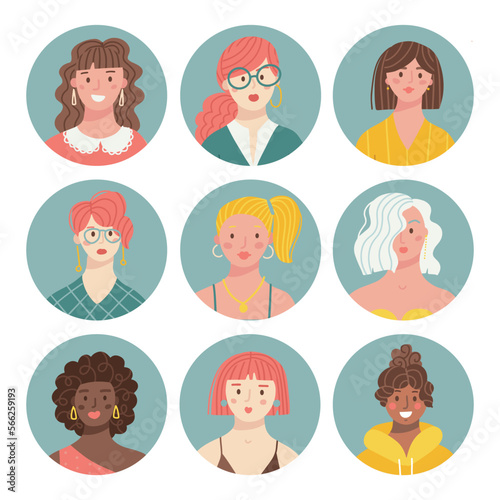 Set of different female people avatars. Collection of colorful user portraits in circles. Women characters faces. Vector illustration in flat cartoon style