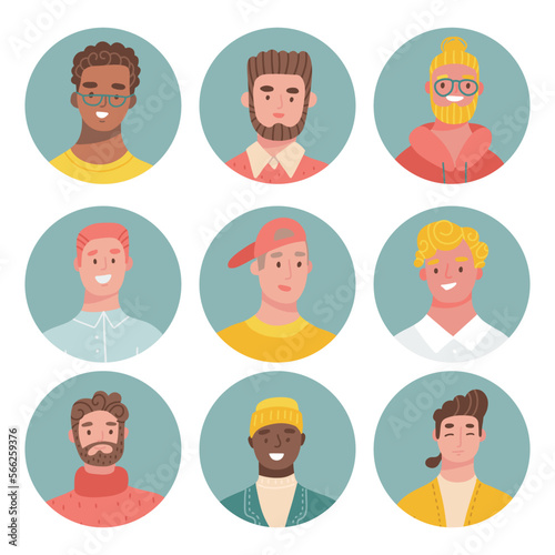 Colorful Male Faces in Circle Icons Set. Bundle of different female people avatars. Collection of colorful user portraits. Men characters faces. Vector illustration in flat cartoon style © LanaSham