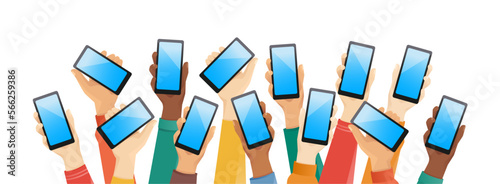 Group of multiethnic diverse hands holding phones in different clothes and skin color vector illustration isolated