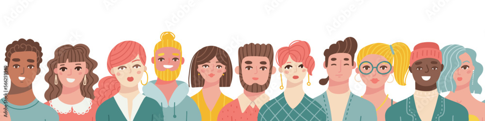Seamless border made of diverse people crowd isolated on a white background. Group of men and women stand in a row. Social diversity concept. Vector flat hand drawn illustration.