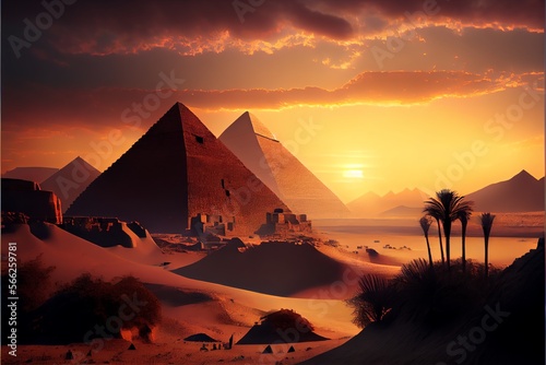 Pyramids at sunset. Cairo. Egypt. Fantasy Egyptian landscape. Generative AI