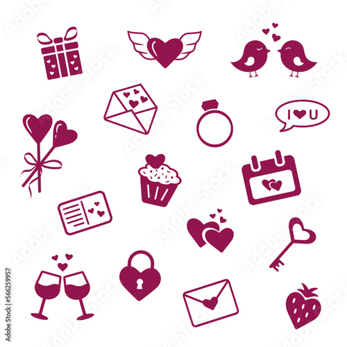 Happy Valentine's Day icons set. Gift, lollipops, postcard, love letter, hearts, calendar, heart-shaped key and lock, strawberries, birds, cupcake, glasses of wine. Flat vector pack for UI UX design.