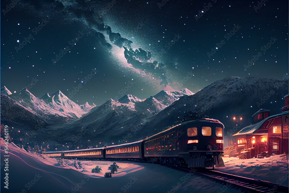 Train rolls through snow covered winter town with backdrop consisting of mountains and starry sky. Generative AI