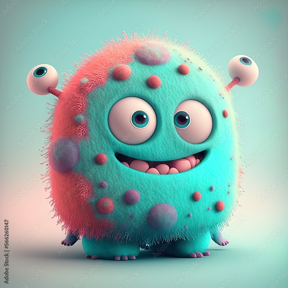 Super cute baby fluffy monster smiling. Cartoon pixar style demon ...