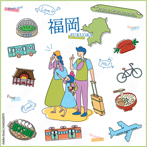 日本の福岡県のグルメ観光を楽しむ旅行客の家族とアイコンセット（線画）