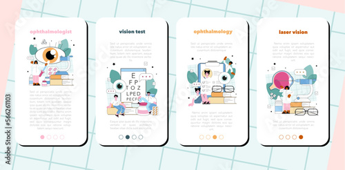 Ophthalmologist mobile application banner set. Idea of eyesight check
