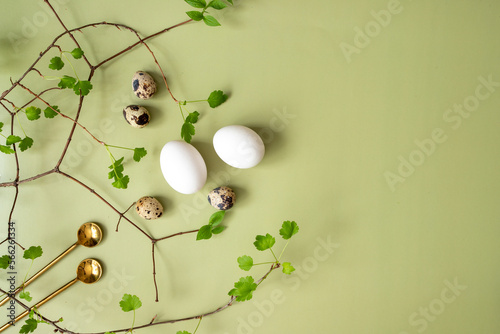 Easter spring still life on a green background, top view, close-up, branch with green leaves, chicken and quail eggs
