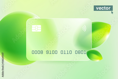 Bank card with glassmorphism effect. Eco friendly template with blurred floating green leaves and spheres.