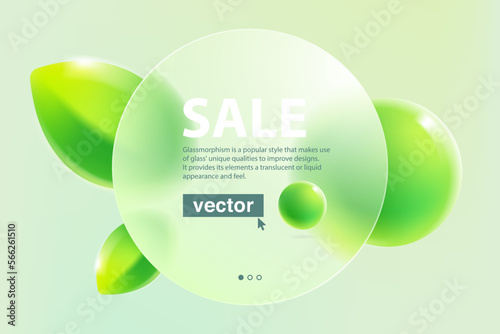 Eco friendly circle frame glassmorphism landing page. Matte glass screen with blurred floating green leaves and spheres.