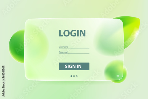 Transparent eco friendly login form in glassmorphism style. Frosted matte glass screen with blurred floating green leaves and spheres.