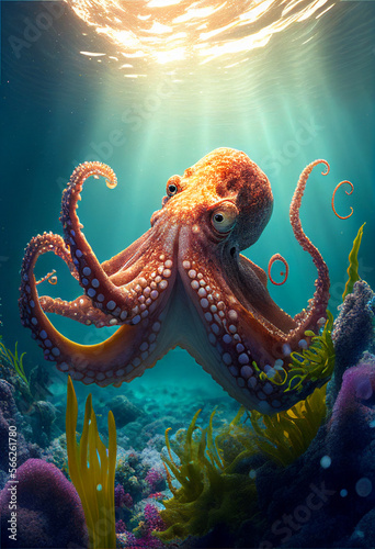 Big octopus underwater. AI generated.