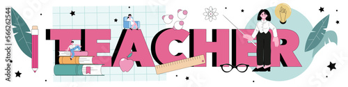 Teacher typographic header. Professor conduct a lesson in a classroom.