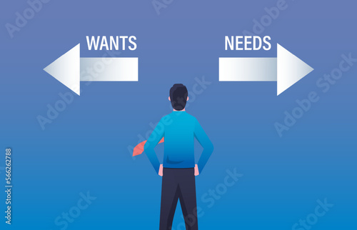Businessman dilemma choice between wants and needs, priority and desires with arrows opposite direction symbol