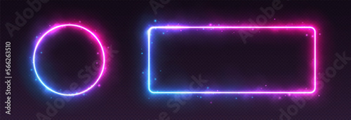 Neon frames with smoke and sparkles, gradient LED borders with fog and glowing particles. Modern futuristic avatar frame and cosmic banner with pink, blue and purple colors. Vector illustration.