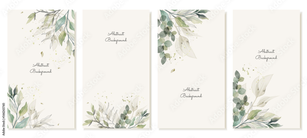 Abstract rustic vertical backgrounds with watercolour green leaves. Vector template