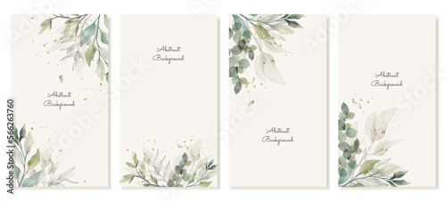 Abstract rustic vertical backgrounds with watercolour green leaves. Vector template