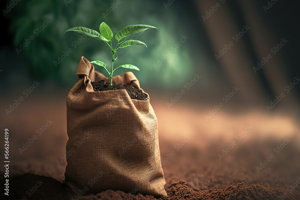 A small plant growing in the sack which is placed on soil ground ...