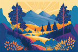 Colorful vector illustration of a fantasy landscape, hills and mountains, Generative AI