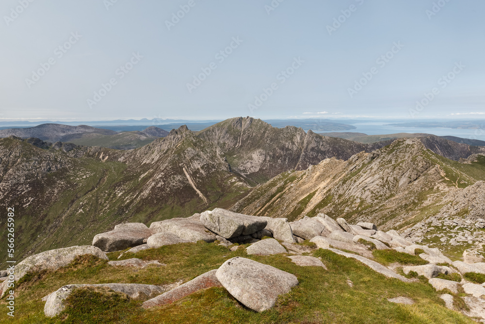 View from summit of Goatfell Isle of Arran, Scotland on summers day.