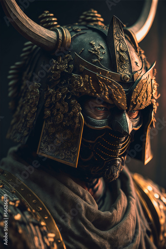 Portrait closeup of a Samurai in a traditional mengu mask, Japanese medieval warrior in armor, realistic art created by ai 