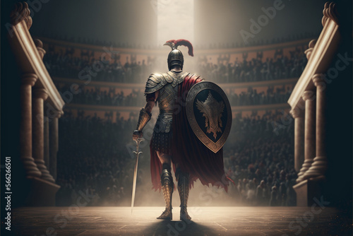 Fotografiet Ancient Roman gladiator enters the arena for fighting, against the backdrop of a