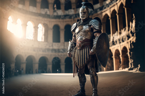 Fotografie, Tablou Portrait of an ancient Roman gladiator in armor and a closed helmet in the arena