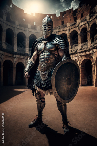 Portrait of an ancient Roman gladiator in armor and a closed helmet in the arena for combat, realistic art created by ai