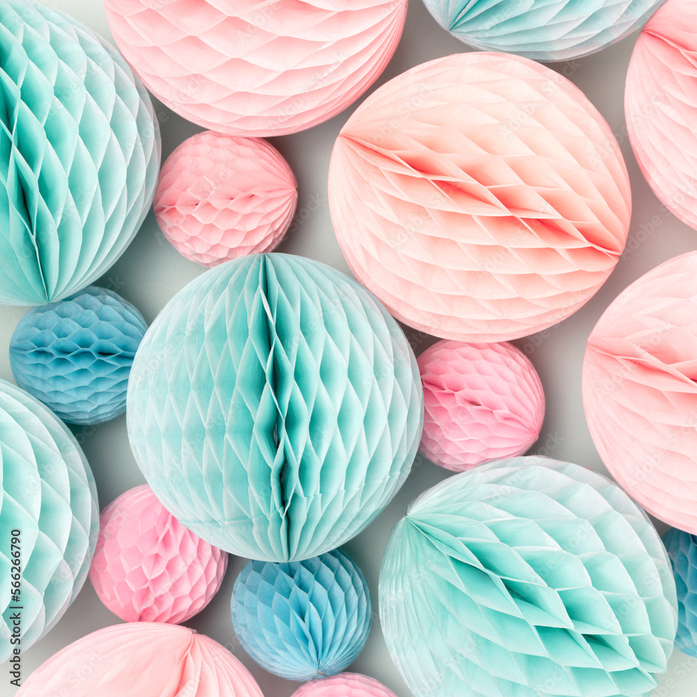 Blue and pink tissue paper balls texture. Festive background. Selective focus. Blue and pink tissue paper balls texture. Festive background. Selective focus.