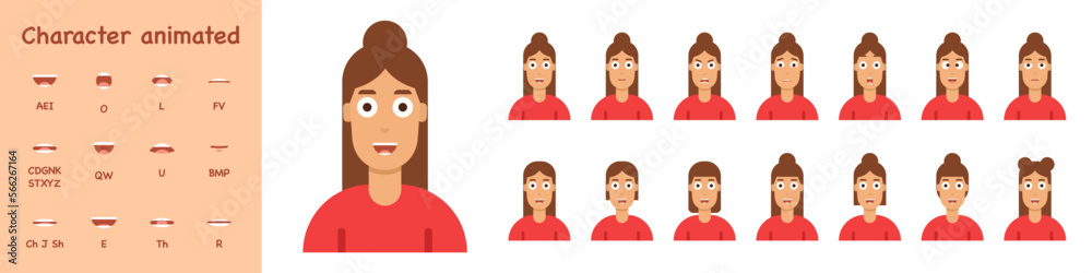 Character lip sync set. Cartoon young woman with different emotions and hairstyle. Mouth and lips for sound pronunciation. Flat style. Vector illustration Character lip sync set. Cartoon young woman with different emotions and hairstyle. Mouth and lips for sound pronunciation. Flat style. Vector illustration