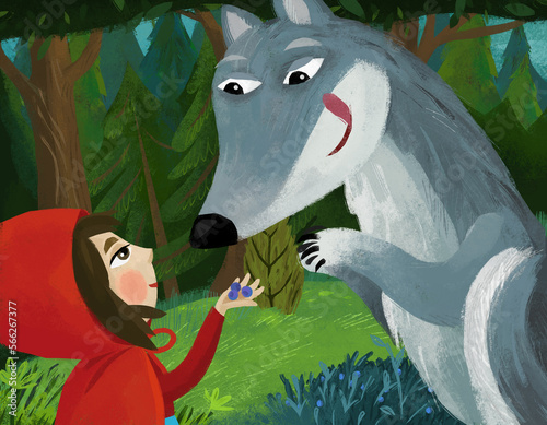 cartoon bad wolf meeting little girl in red hood in forest