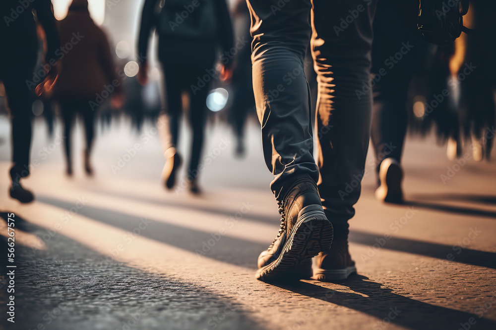 Close-up a person is walking on the crosswalk among crowd of people, busy life in the city scene. Generative Ai image.