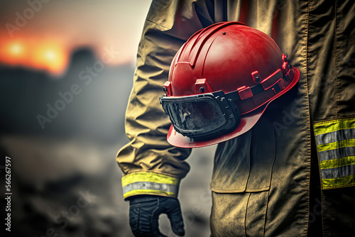 An emergency rescue man or firefighter team is safety coverall suit and holding a red safety helmet, Industrial working scene. Generative Ai image.