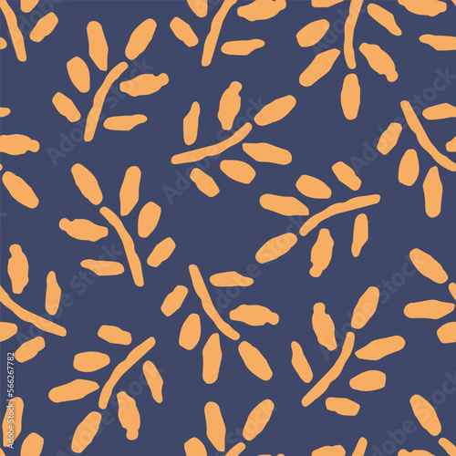 Simple floral vector seamless pattern. Bright orange twigs, leaves on a dark blue background. For fabric prints, textile products, men's shirts, clothes.