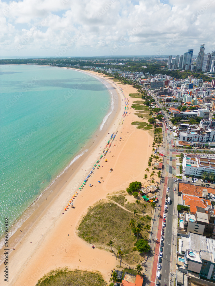 Aerial photo of cabo branco beach in the city of joao pessoa, paraiba, brazil