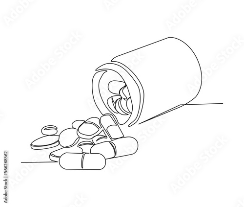 Continuous one line drawing of medicine pills or capsule bottle. Simple illustration of medical drug pharmacy care line art vector illustration.