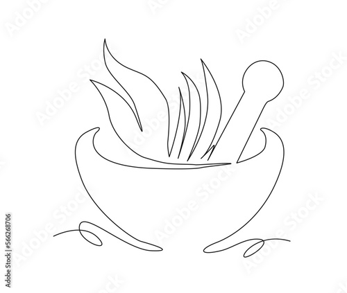 Continuous one line drawing of mortar with herbs . Simple illustration of traditional mortar line art vector illustration.