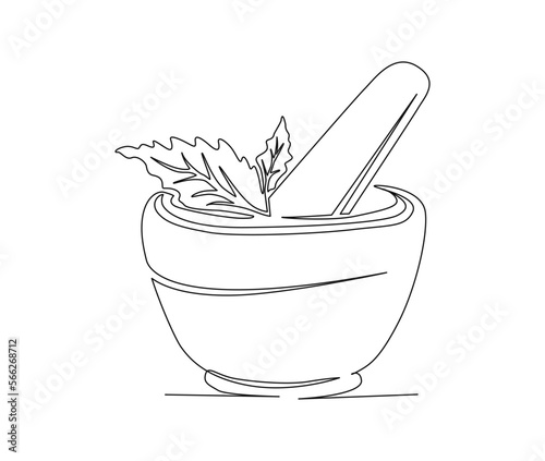 Continuous one line drawing of mortar with herbs . Simple illustration of traditional mortar line art vector illustration.