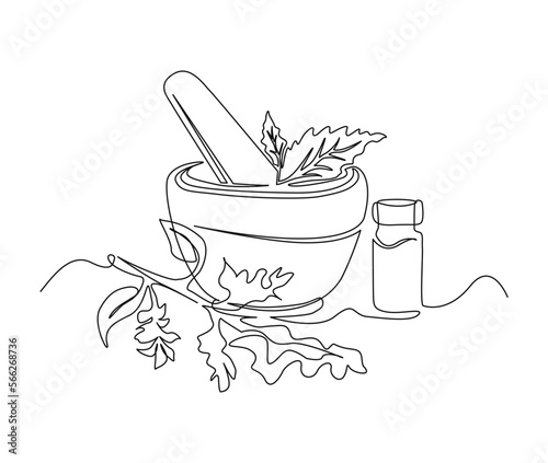 Continuous one line drawing of mortar with herbs . Simple illustration of traditional mortar line art vector illustration.