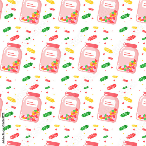 seamless pattern with jar  hearts and sweets. on white background. vector illustration. 