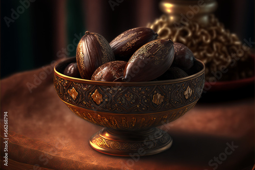 A Bowl of Dates, Ramdan, aftar, Islamic, Background, Generative AI photo