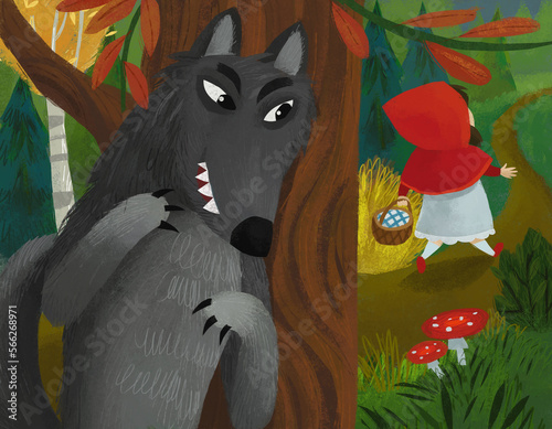 Obraz na plátně cartoon bad wolf meeting little girl in red hood in forest