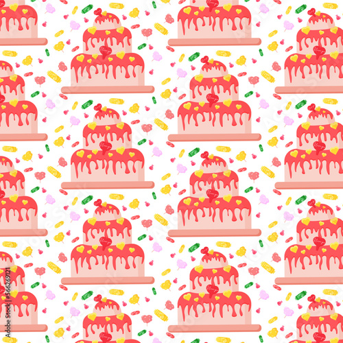 seamless pattern of cake, pie, sweets, and hearts on white background. vector illustration. happy valentines day 