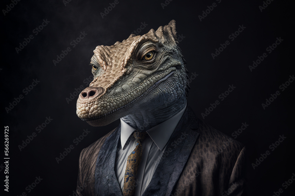 Generative AI illustration anthropomorphic portrait of cunning crocodile in elegant suit Generative AI illustration anthropomorphic portrait of cunning crocodile in elegant suit
