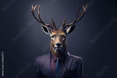 Generative AI illustration anthropomorphic portrait of brutal deer in formal suit photo