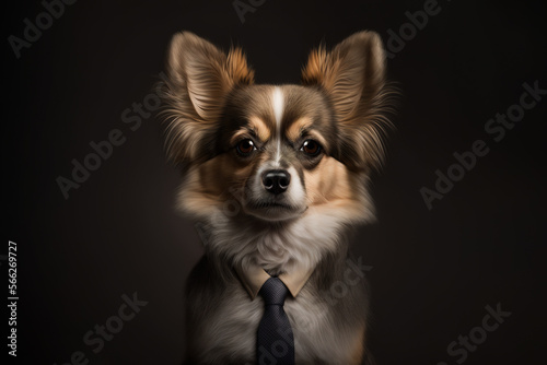 Generative AI illustration anthropomorphic portrait of cute fluffy dog in tie photo